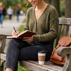 Freshman‎ Cardigan Women M Olive Green Ribbed Knit V-Neck Cropped Button Up